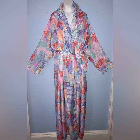 Geometric Vintage Belt Satin Robe Boho Caftan Women Neiman Marcus One Size USA - Picture 1 of 7